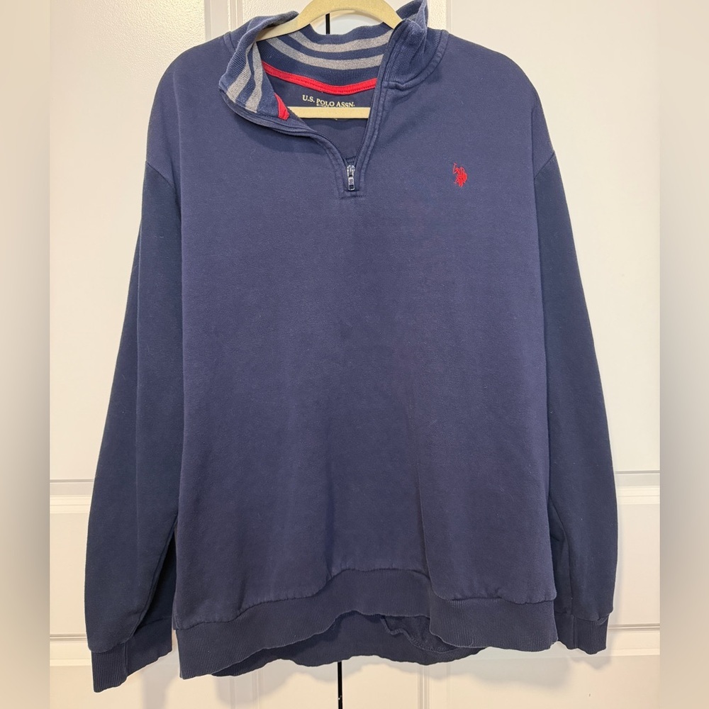 U.S. Polo Assn. Navy Quarter Zip Pullover Sweatshirt Red Logo Striped Collar 2XL